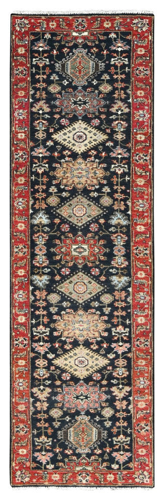 Denim Black, Organic Wool, Hand Knotted, Karajeh Design Runner Rug, 2'7"x10'1"