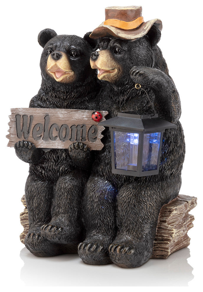 15" Tall Outdoor Bear Couple with Lantern and Welcome Sign Statue with Solar LED