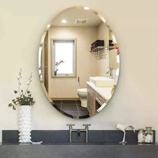 Oval Beveled Polished Frameless Wall Mirror With Hooks, 22" X 39"