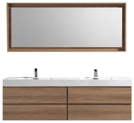 Bliss 72'' Wall Mount Double Sink Modern Bathroom Vanity, Honey Oak
