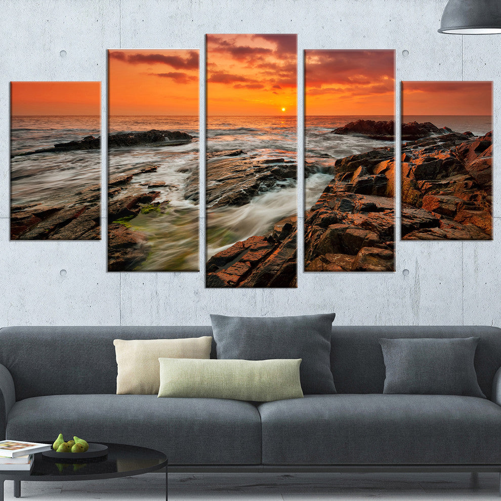 "Stormy Waves Rushing Into Rocks" Beach Canvas Wall Art, 5 Panels, 60"x32"