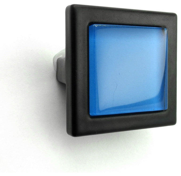 Sea Blue Crystal Glass Black Metal Square Manor Knob