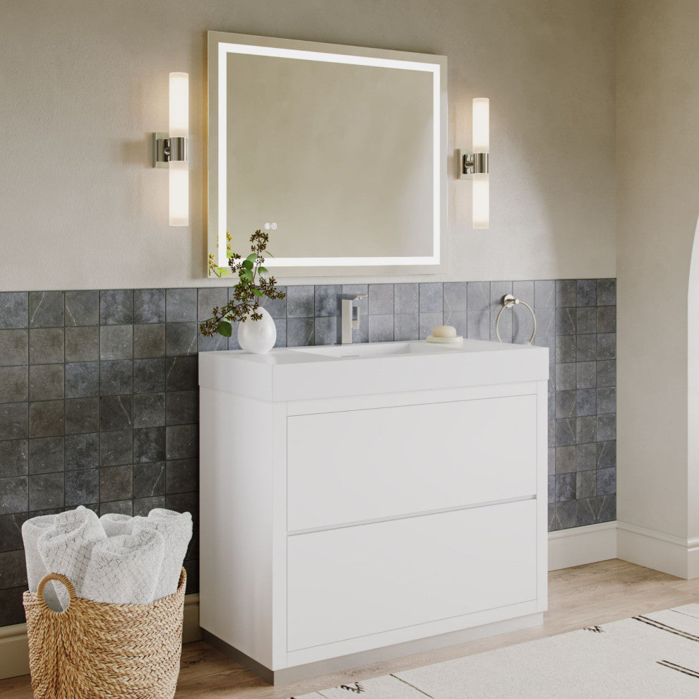 Boutique Bath Vanity, High Gloss White, 40", Single Sink, Freestanding