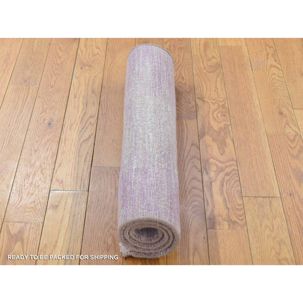 Pink With Ivory Pure Wool Horizontal Ombre Design Hand Knotted Rug, 2'2"x3'3"