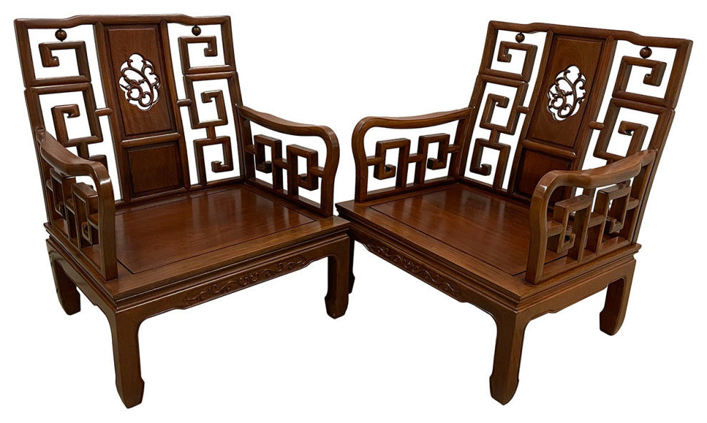 Consigned Vintage Chinese Rosewood Carved Living Room Chair - a Pair
