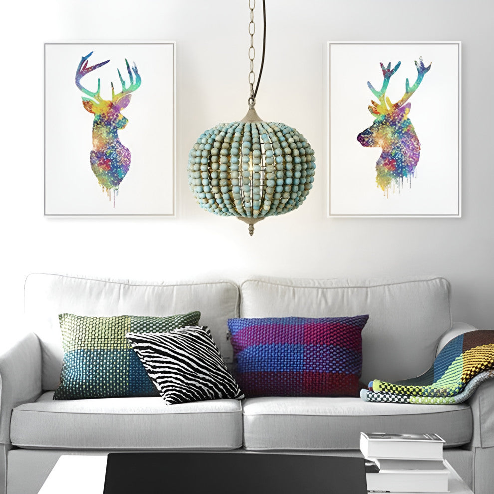 Couvin | Retro Wooden Beads Chandelier for Living Room, Round Blue