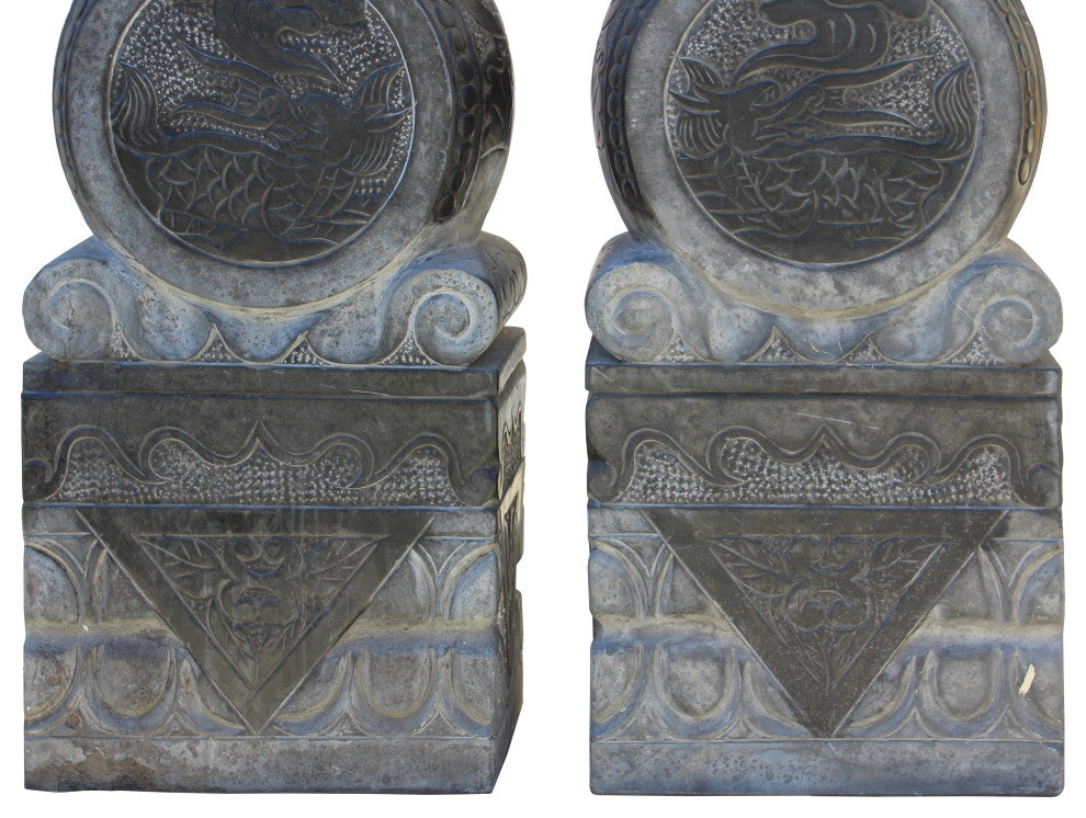 Chinese Pair Gray Black Stone Fengshui Foo Dogs Door Block Drum Statue Hcs4769