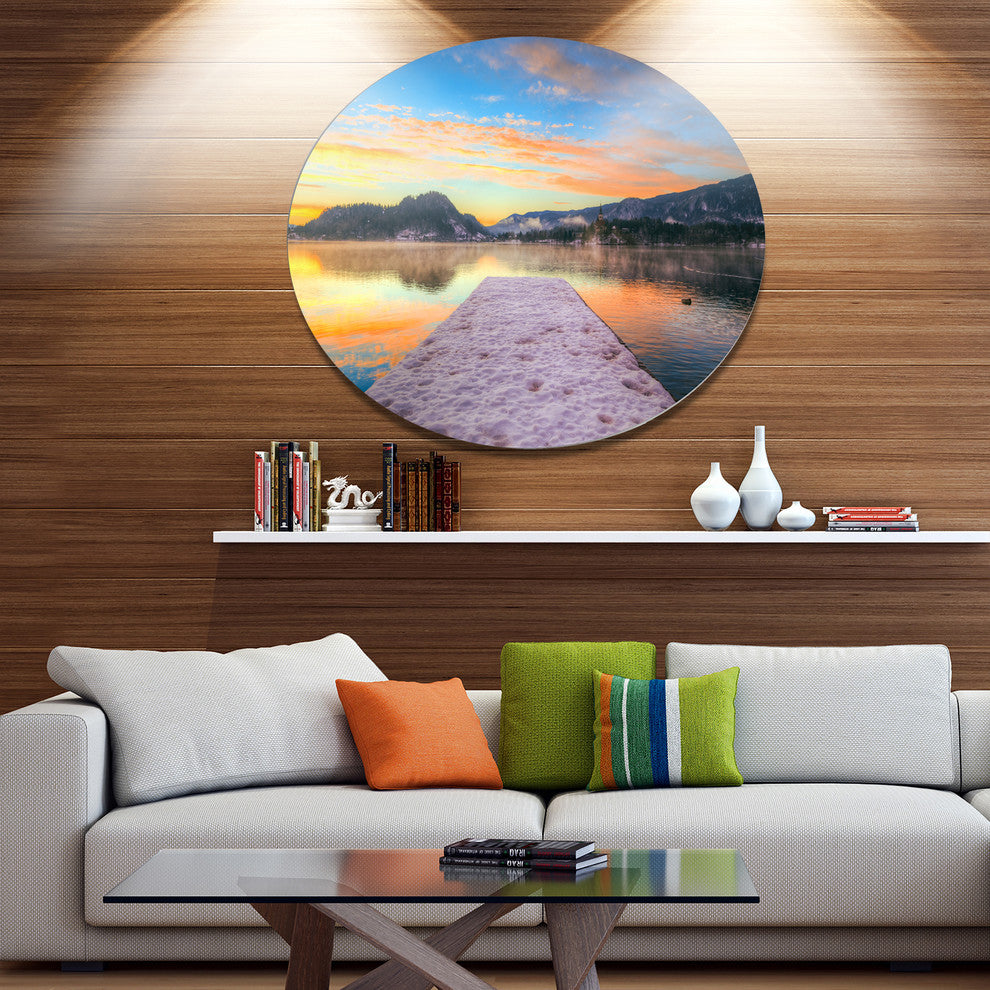 Bled With Lake In Winter Slovenia, Bridge Round Metal Wall Art, 36"