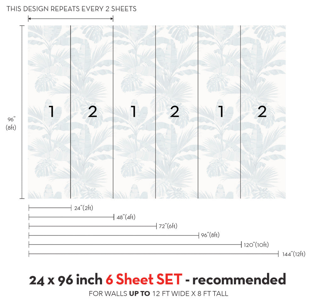 Oceanside Palm Leaves Vinyl Peel and Stick Mural, Blue, 24"x96", 6 Pack