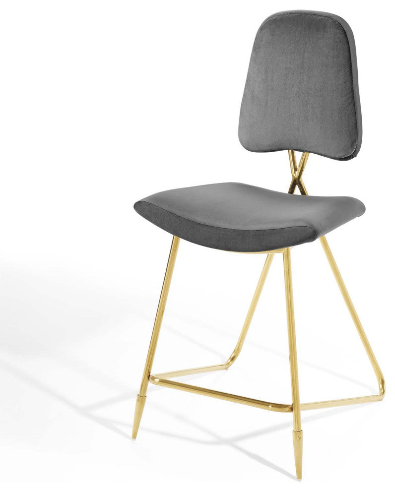 Counter Stool Chair, Set of 2, Velvet, Metal, Gray, Modern, Bar Pub Bistro