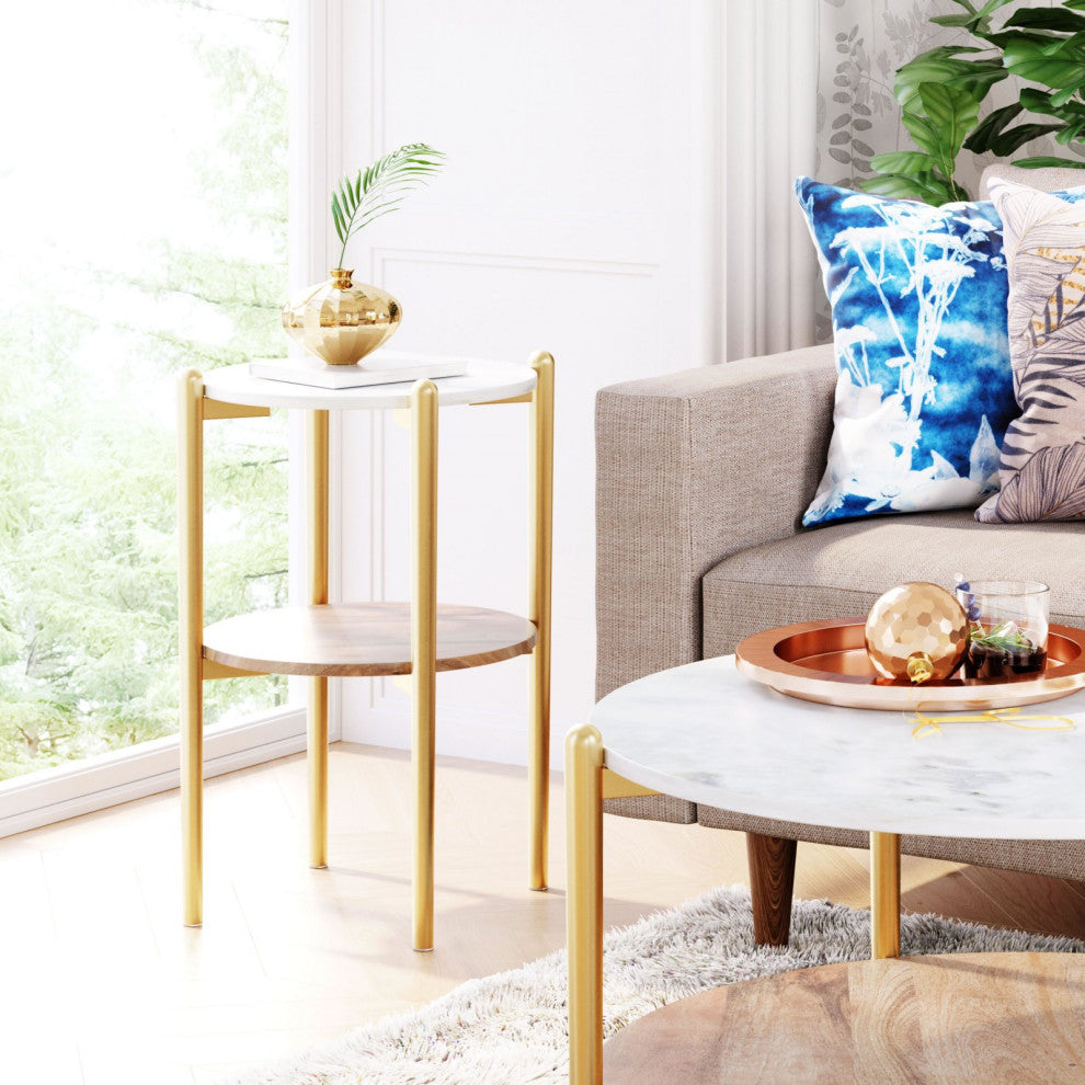 Sofa Side Table, Round, Artificial Marble, Steel Metal, White, Brown, Gold