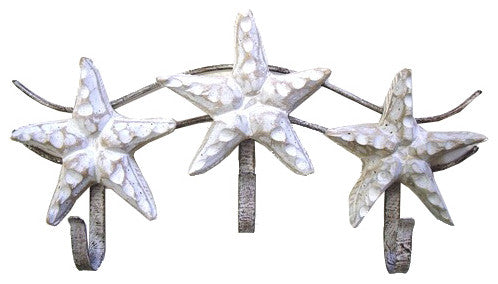 Coastal Whitewashed Starfish Wooden and Metal Triple Hook Wall Decor
