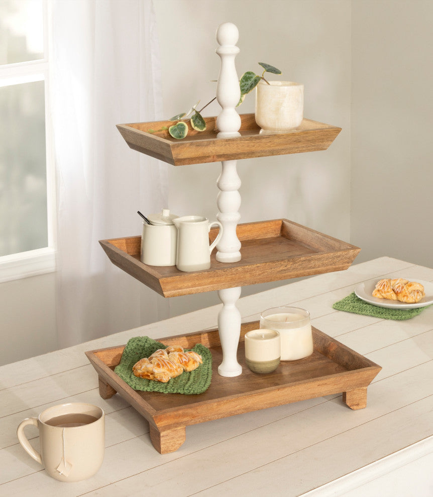 Bess Wood Tiered Tray, White/Natural 16x12x26