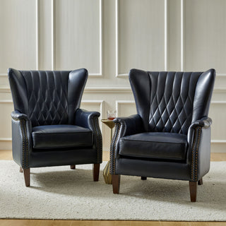 Genuine Leather Armchair, Set of 2, Navy