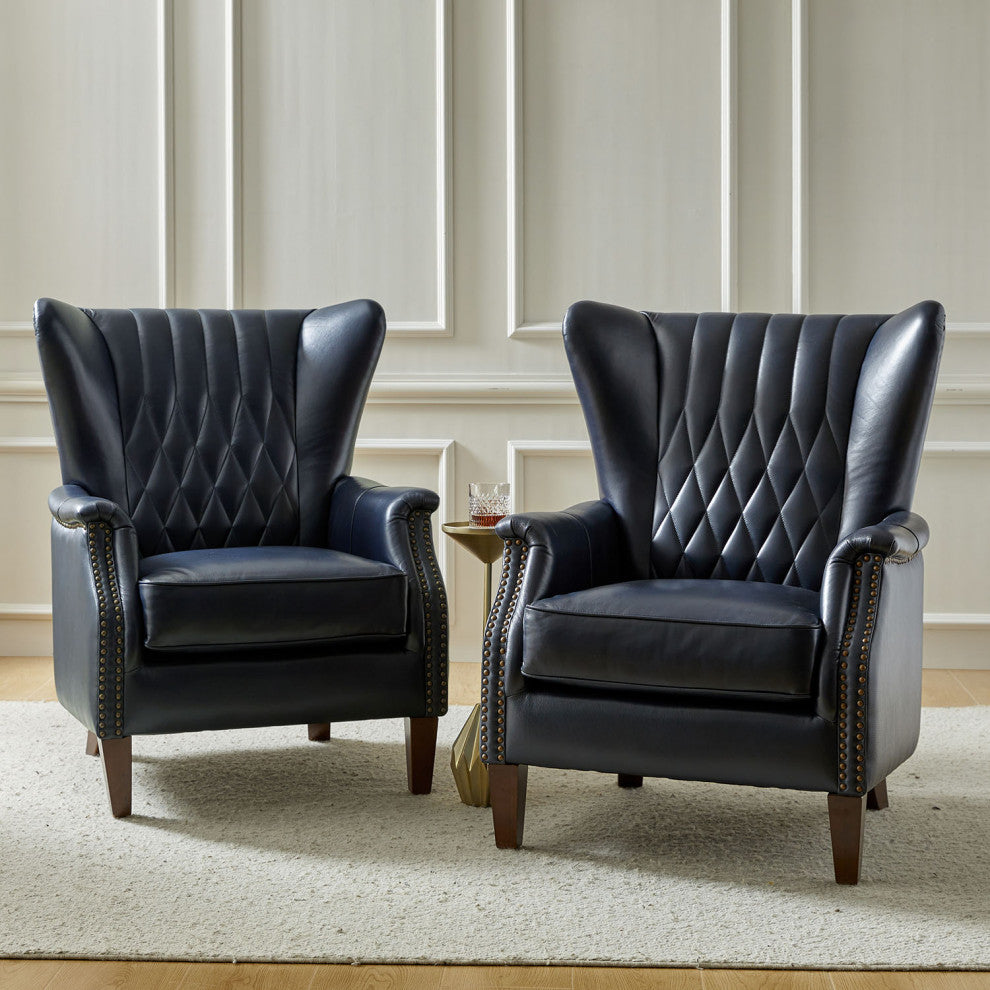 Genuine Leather Armchair, Set of 2, Navy