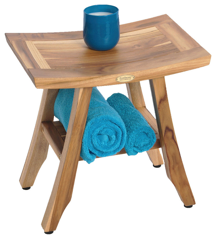 Ecodecors Satori Eastern Style Earthyteak Shower Bench, 18", With Shelf