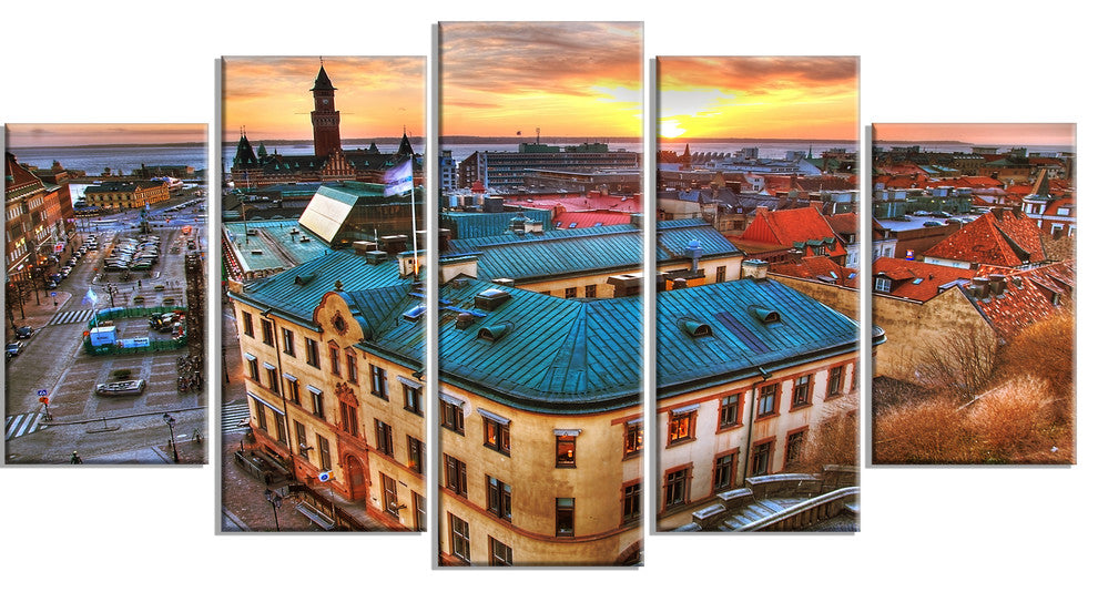 Colorful City Landscape, Large Cityscape Canvas Art Print, 60"x32", 5 Panels