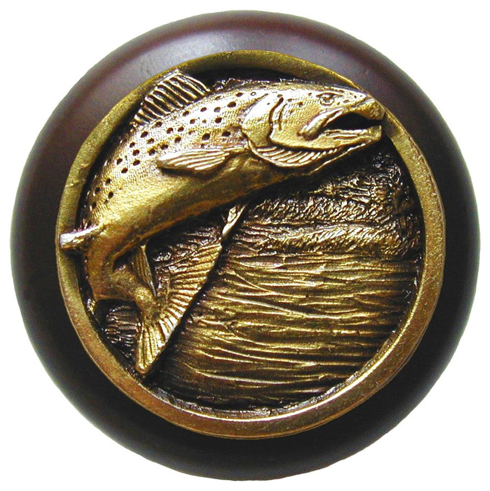 Leaping Trout Wood Knob, Antique Brass, Dark Walnut Wood Finish, Antique Brass