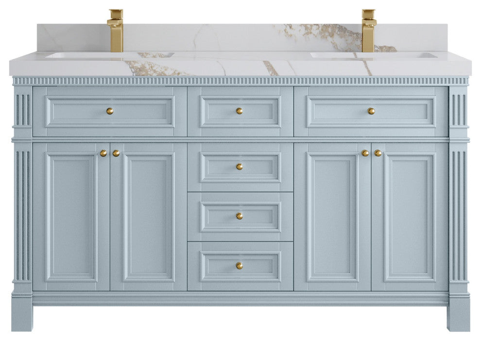Paris 60" Double Sink Bathroom Vanity, Blue Heather 2" Calacatta Gold