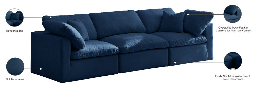 Plush Velvet / Down Standard Comfort Modular Sofa, Navy, 3-Piece: 1 Armless Chair, 2 Corner Chair