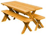 Cedar Cross-Leg Table with 2 Benches, Natural Stain, 6 Foot