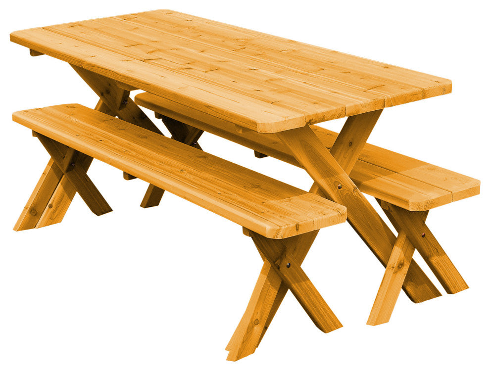 Cedar Cross-Leg Table with 2 Benches, Natural Stain, 6 Foot