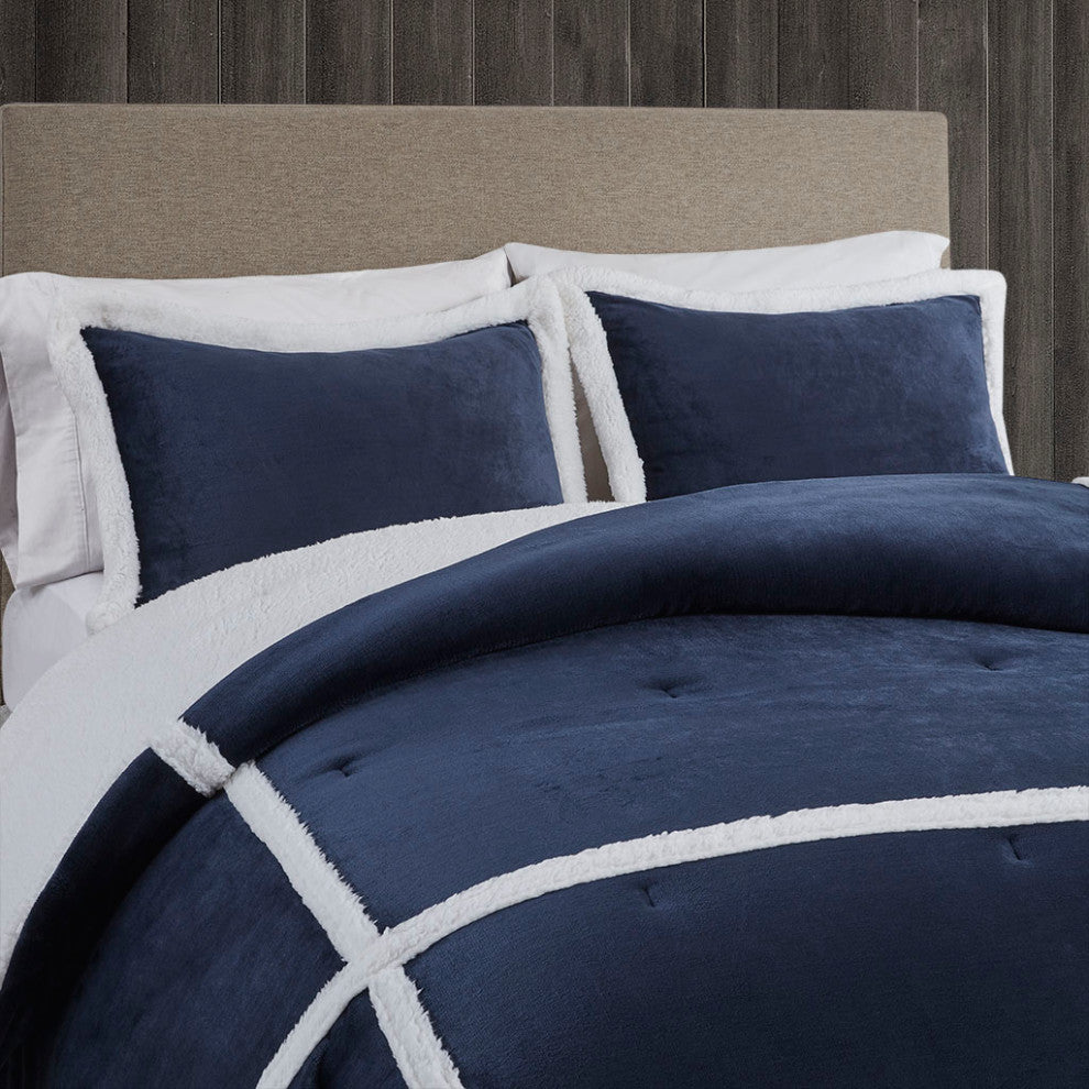 Woolrich Orlen Winter Cabin Plush to Sherpa Comforter Set, Navy Blue