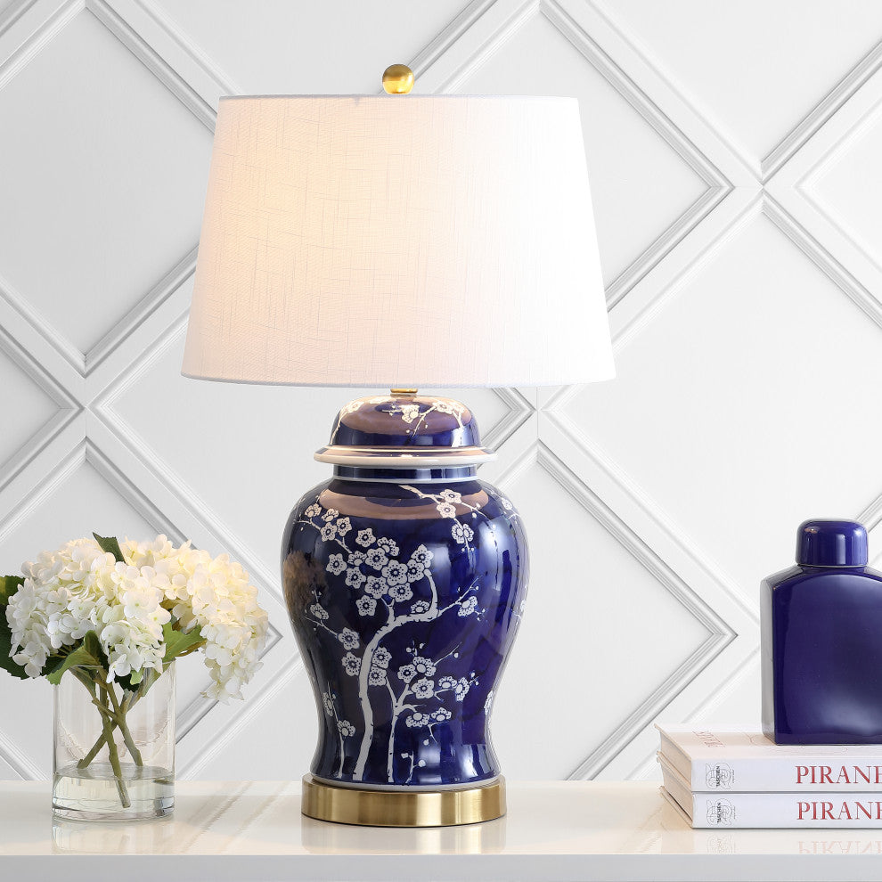 Gracie 29.5" Ginger Jar Ceramic, Metal LED Table Lamp, White, Navy