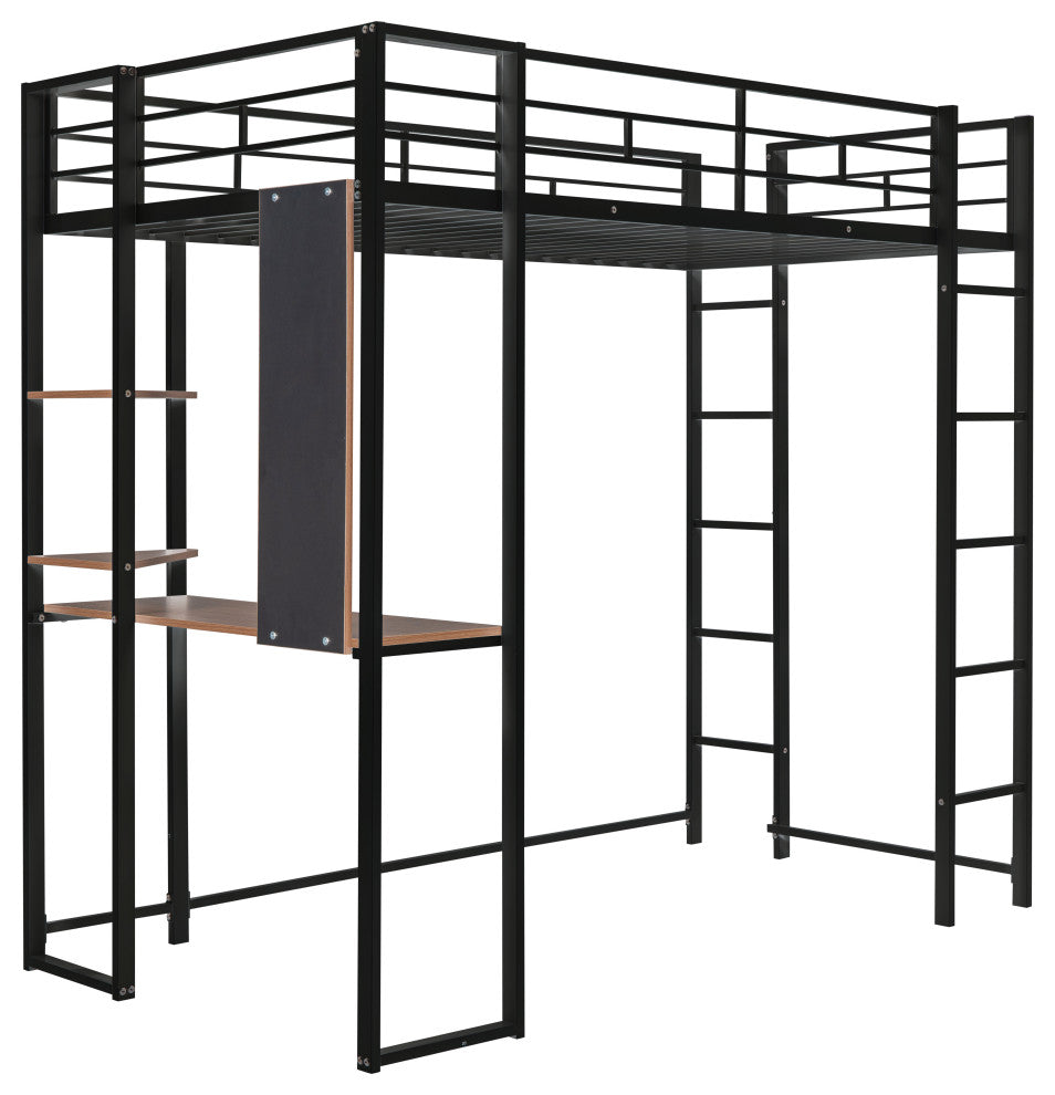 Gewnee Twin Metal Loft Bed with 2 Shelves and one Desk