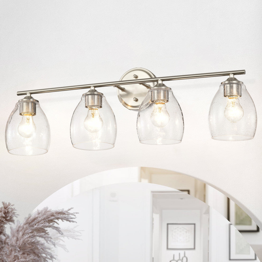 30 in. 4-Light Brushed Nickel Vanity Light With Bell-shaped Seedy Glass Shades