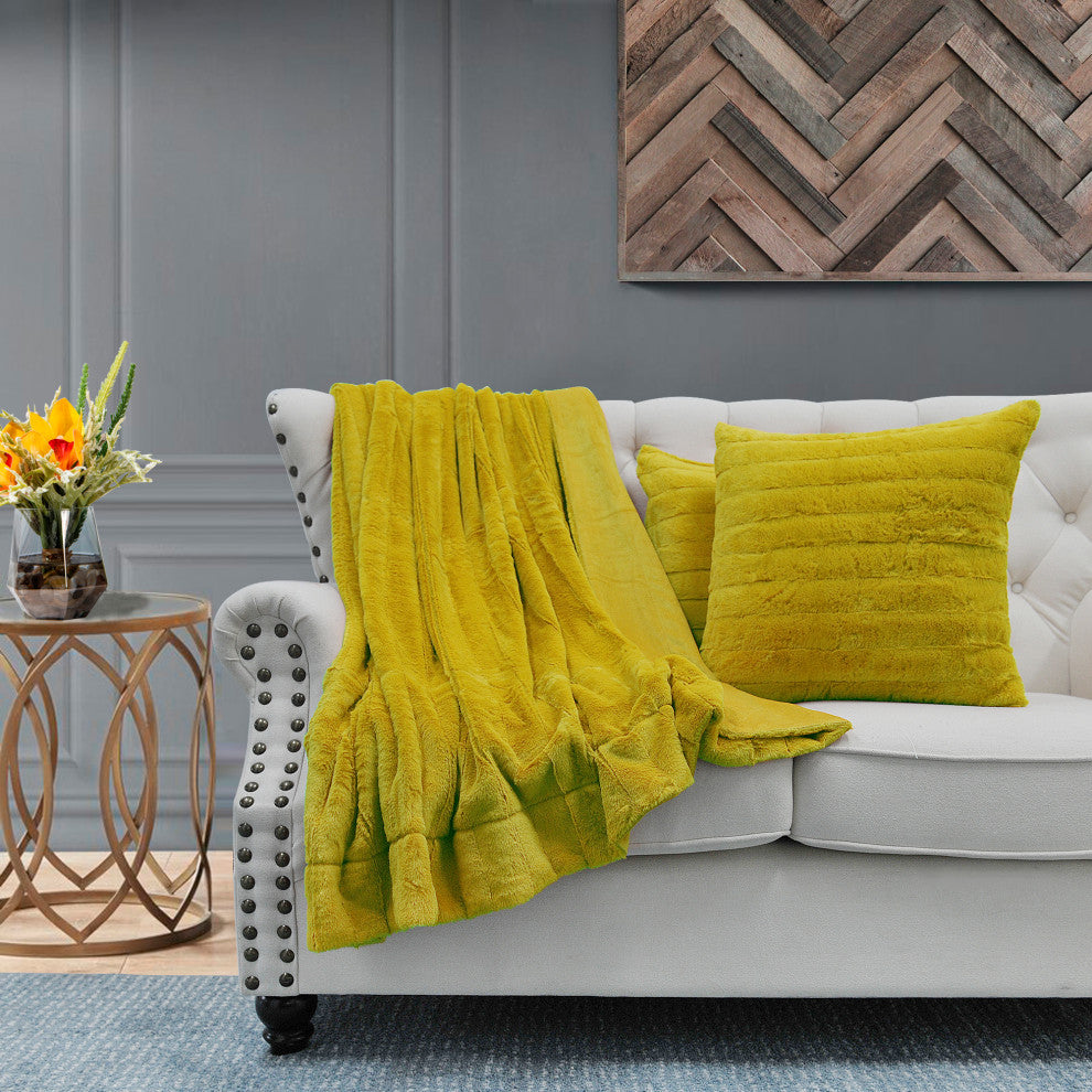 Rabbit Faux Fur Throw Blanket With 2 Pillows, Lemon Curry