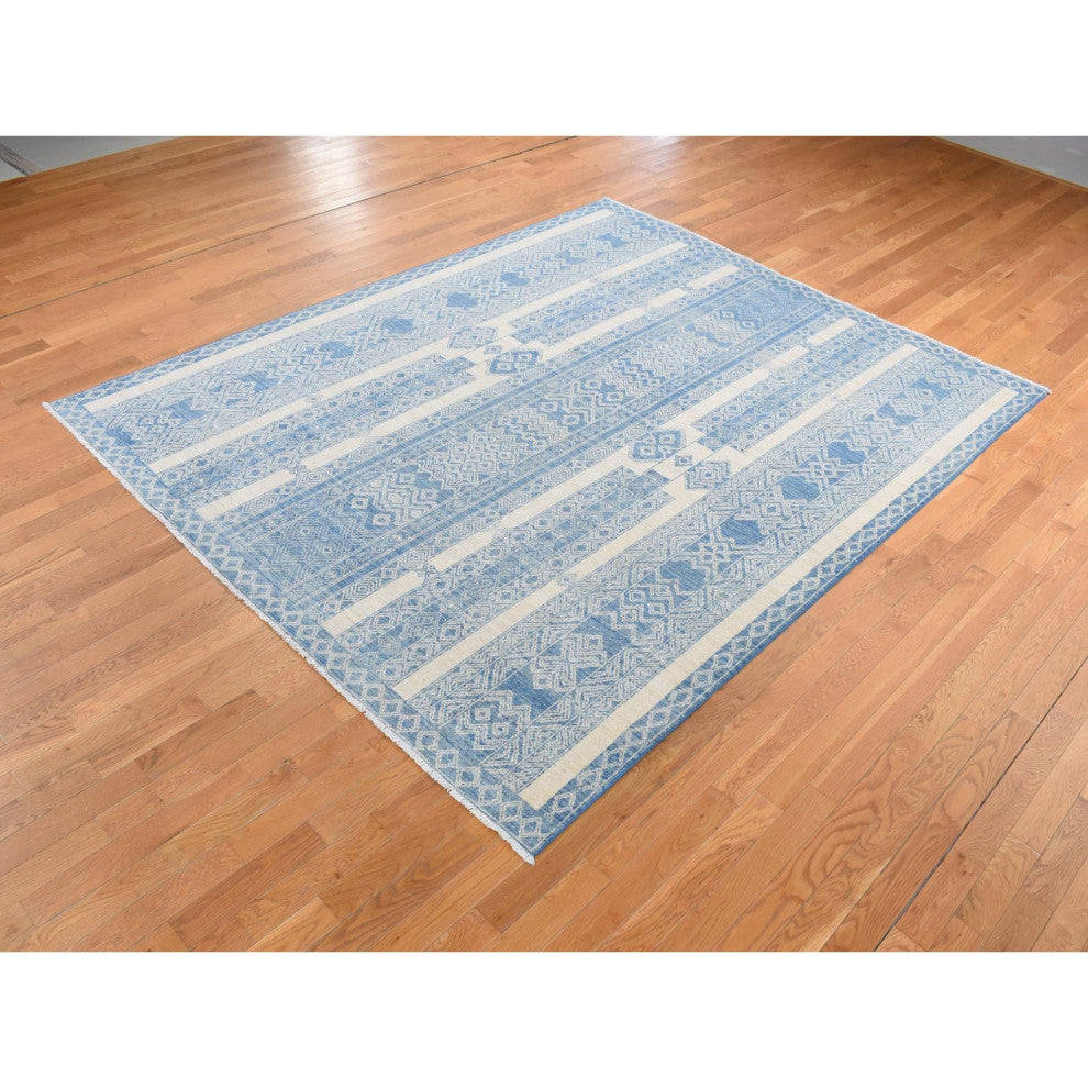 Medium Sapphire Blue, Pure Wool, Fine Peshawar Hand Knotted Rug, 7'10"x9'8"