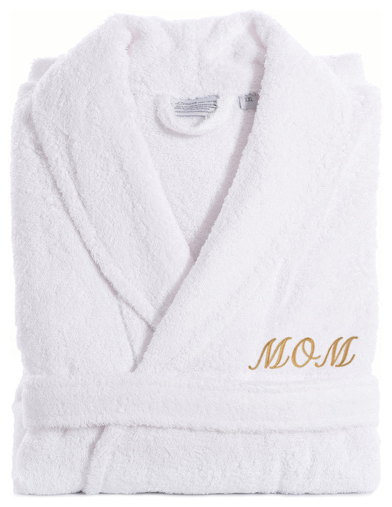 White Terry Bathrobe For Mom With Color Gold Embroidery, Small/Medium