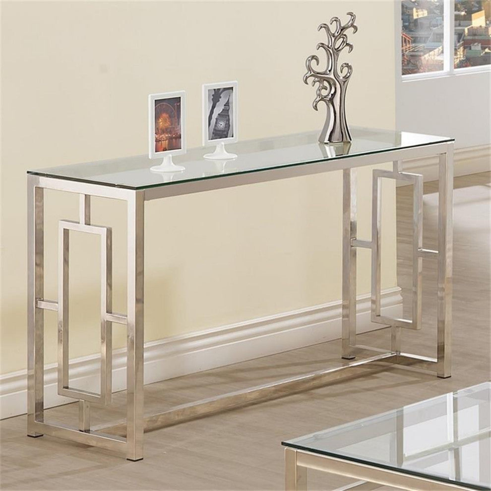 Bowery Hill Glass Top Console Table in Nickel and Clear