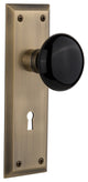 New York Plate Interior Mortise Black Porcelain Door Knob, Antique Brass