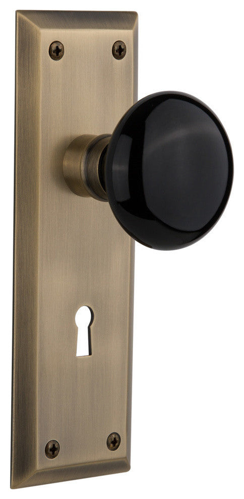 New York Plate Interior Mortise Black Porcelain Door Knob, Antique Brass