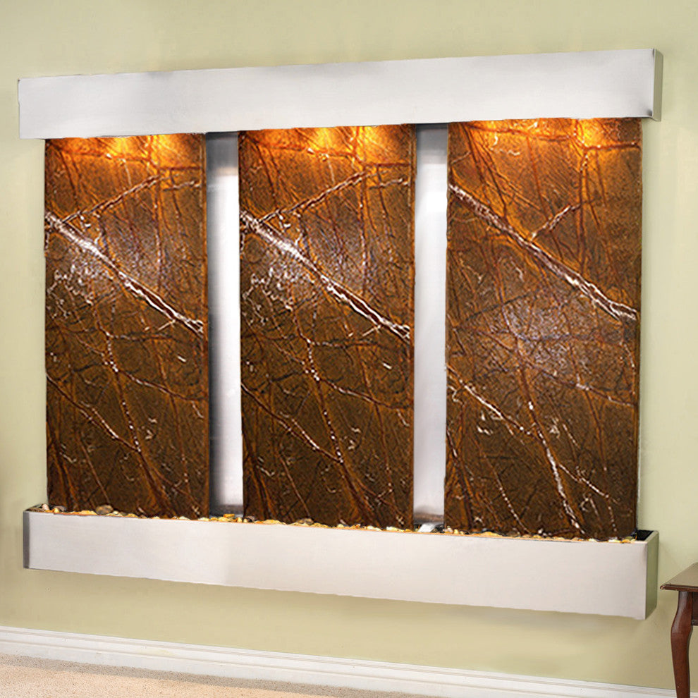 Deep Creek Falls Fountain, Brown Marble, Stainless Steel, Square