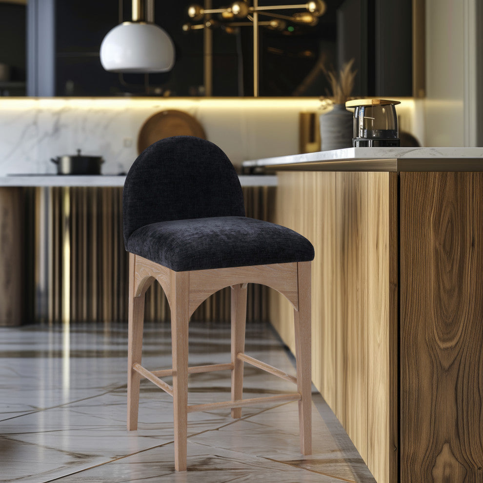 Waldorf Chenille Upholstered Stool, Black, Chenille, Natural Finish, Black, Chenille Fabric, Natural Finish