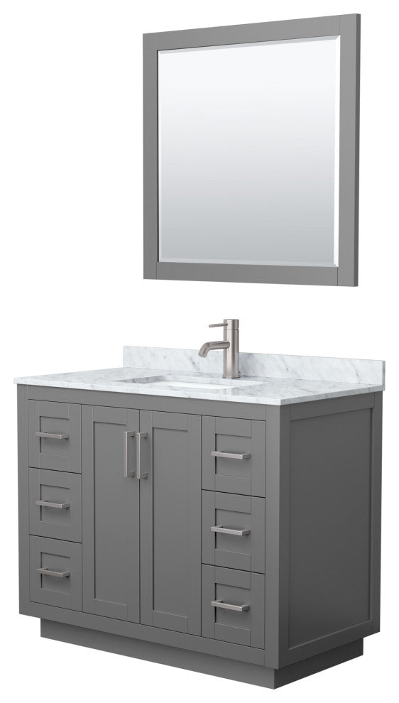 42"SGL Vanity Dark Gray, Carrara Countertop, Sink, Nickel Trim, 34"Mirror