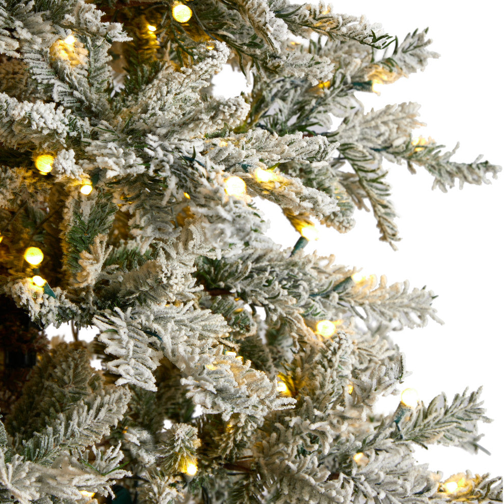 9.5' Slim Flocked Nova Scotia Spruce Faux Xmas Tree W/Lights & Bendable Branches