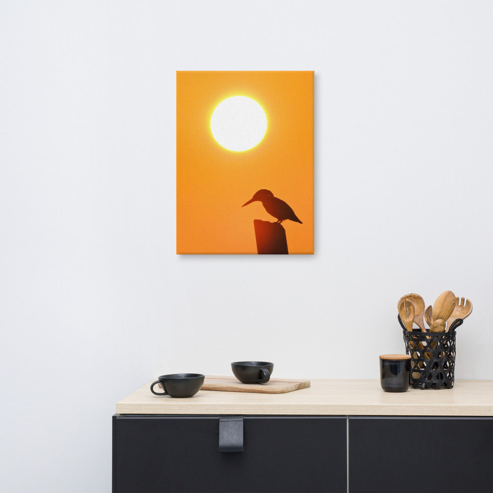 Kingfisher Bird Silhouette Sunset Animal Wildlife Photo Canvas Wall Art Prints, 18" X 24"