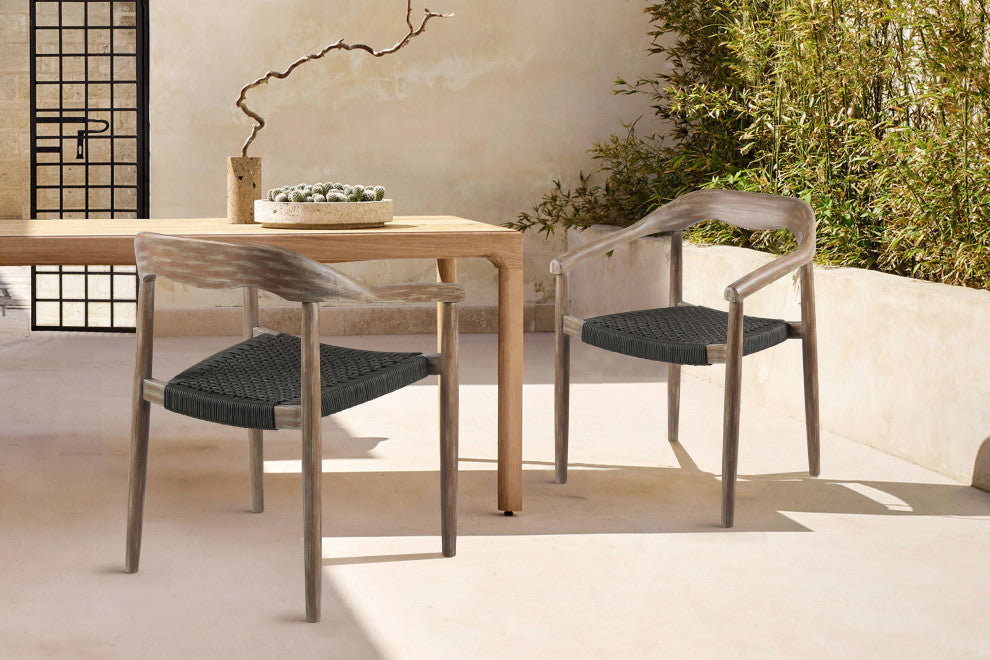 Santo Outdoor Stackable Dining Chair, Eucalyptus and Charcoal Rope Set of 2