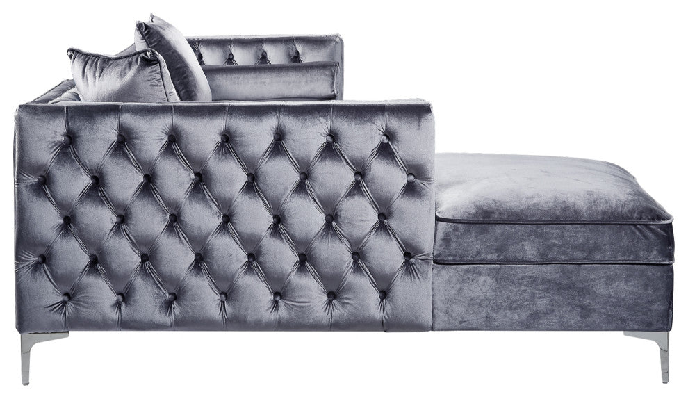 Jeannie Velvet Tufted With Nailhead Trim Sectional, Gray, Left Facing Chaise