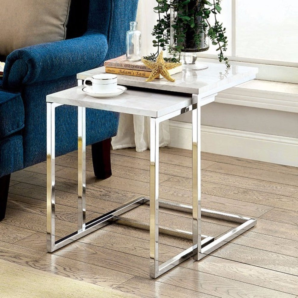 Contemporary Nesting Table, White Faux Marble