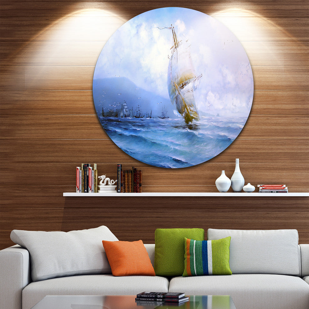 Vessel In Blue Sea, Seascape Painting Round Wall Art, 11"