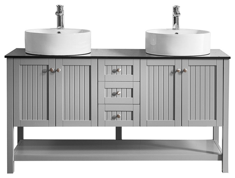 Modena 60" Double Vanity With Glass Countertop With White Vessel Sink No Mirror