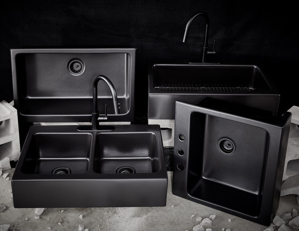 Parker Black Fireclay 34"³ Double Bowl Quick-Fit Farmhouse Drop-in Kitchen Sink