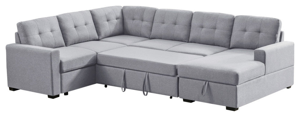 Selene Light Gray Linen Fabric Sleeper Sectional Sofa With Storage Chaise