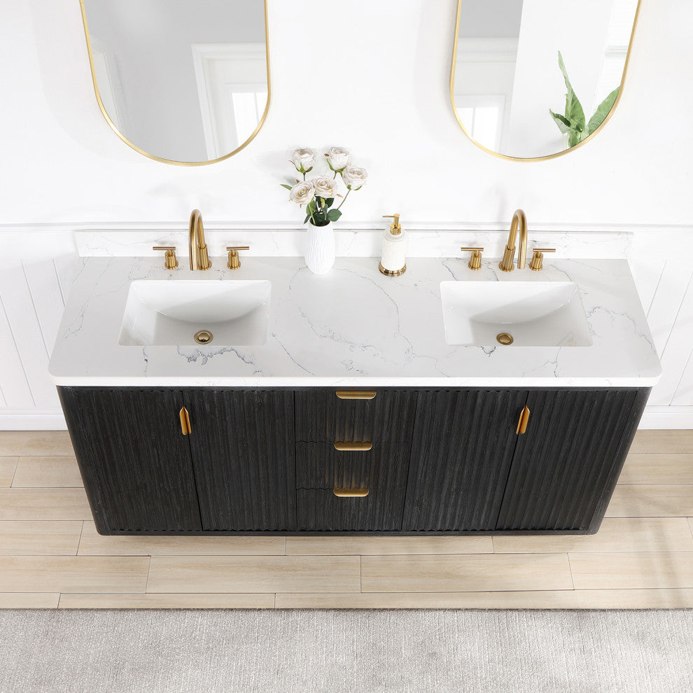 Vinnova Cadiz Bath Vanity, Composite Stone Top, Black, 72", With Mirror