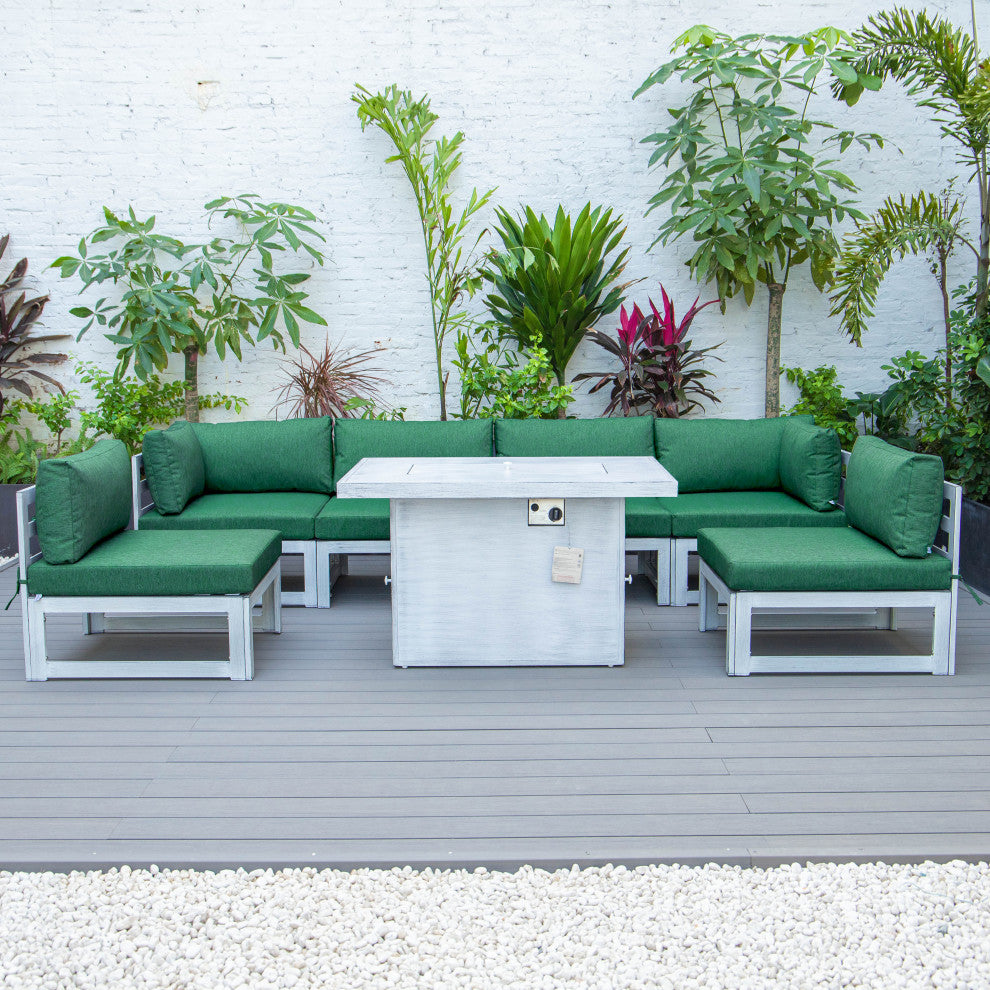 LeisureMod Chelsea 7-Piece Gray Patio Sectional With Fire Pit Table, Green